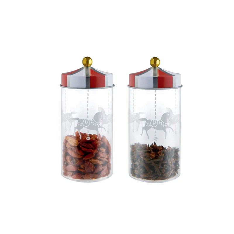 ALESSI Circus, Set of two spice jars in silk-screen glass with hermetic lid in tinplate. - Image 1